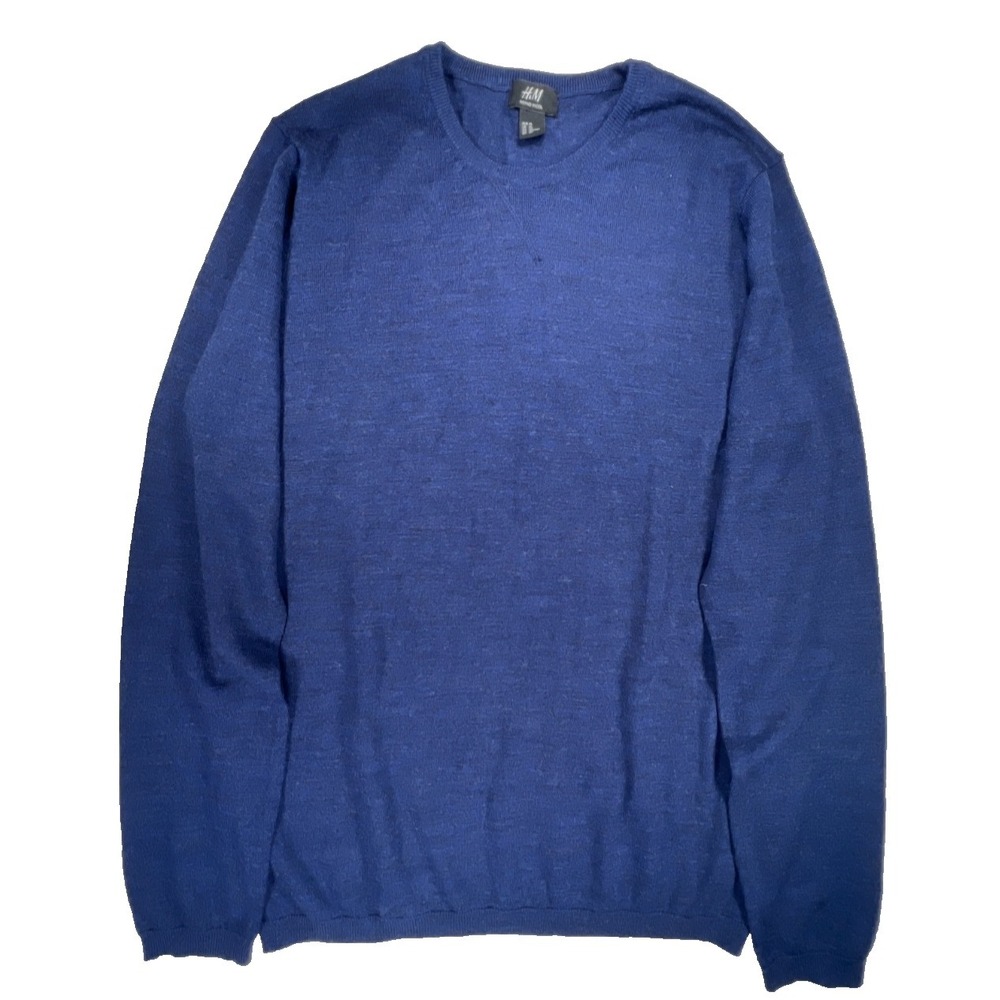 H&M Sweater Mens XL Merino Wool Crewneck Heather Navy Blue Soft Breathable